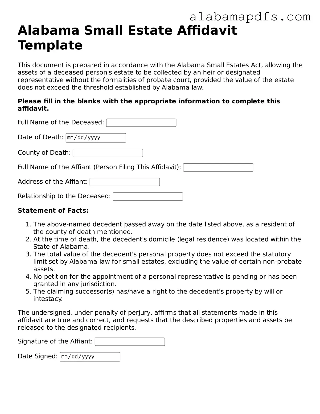 Official Alabama Small Estate Affidavit Document