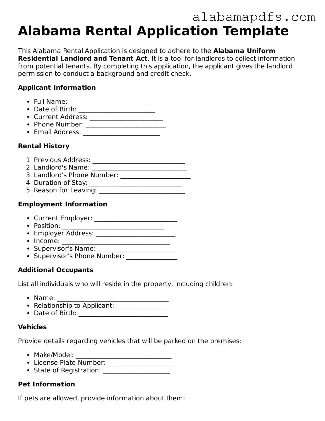 Official Alabama Rental Application Document