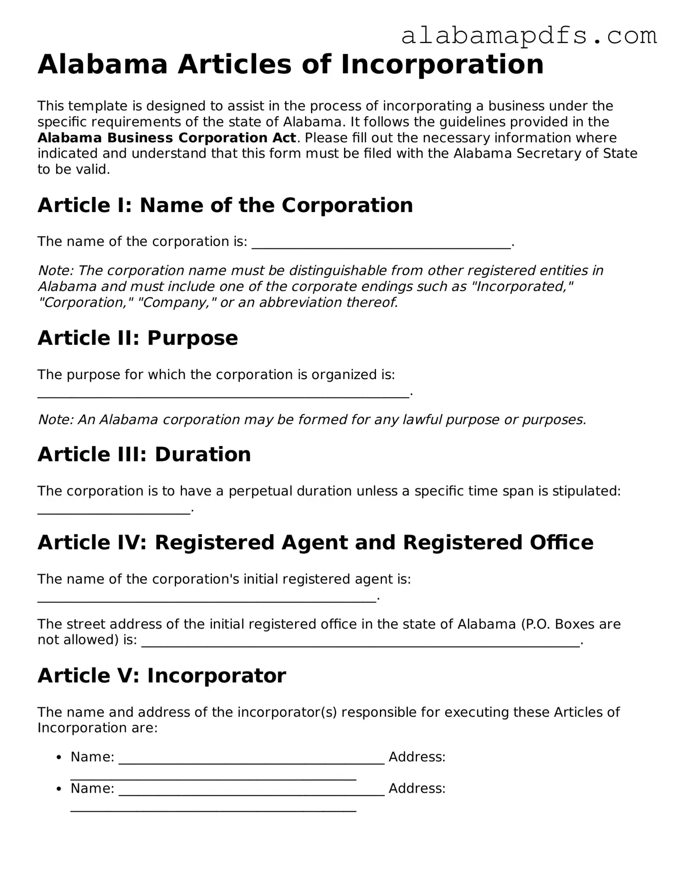 Official Alabama Articles of Incorporation Document