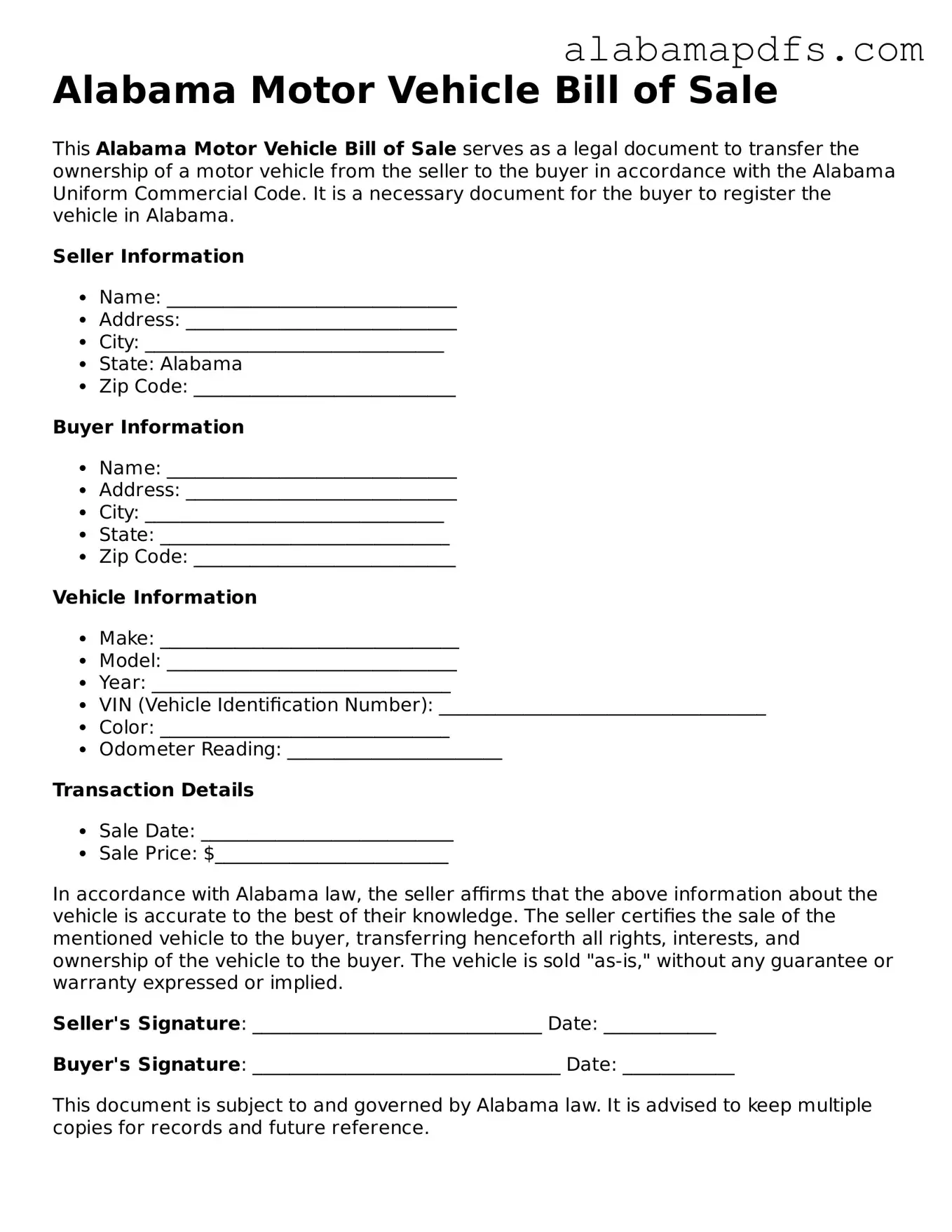 Official Alabama Motor Vehicle Bill of Sale Document