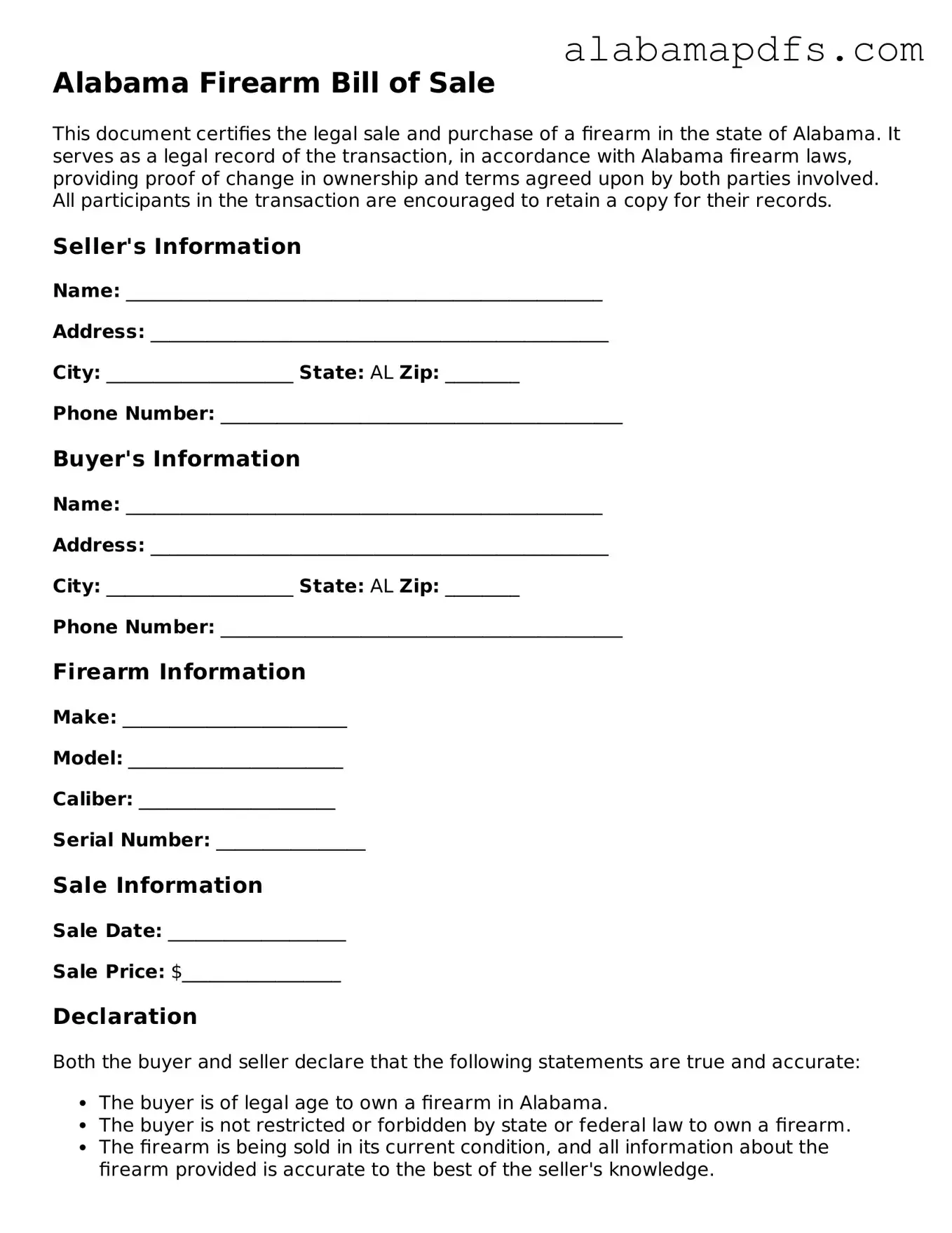 Official Alabama Firearm Bill of Sale Document