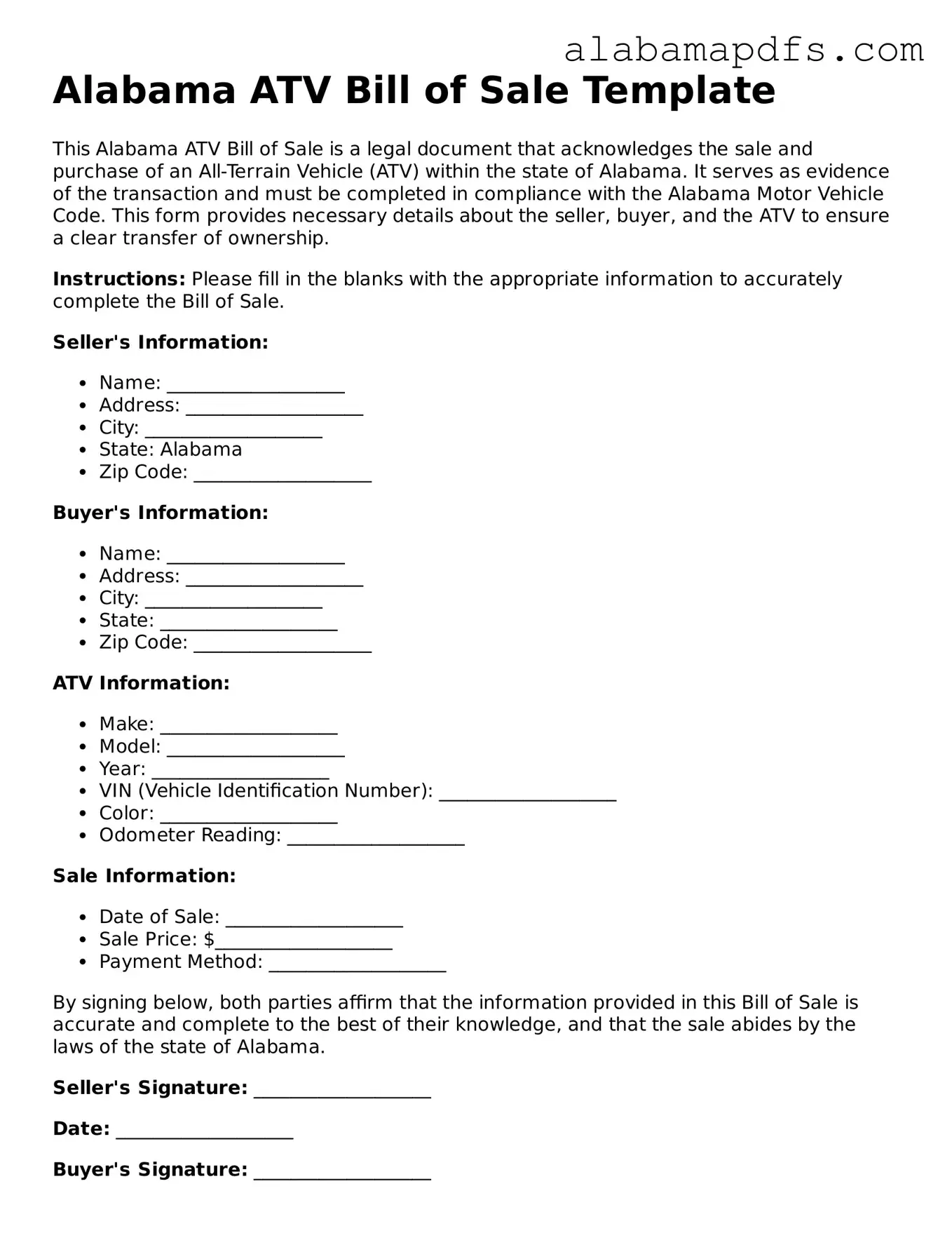 Official Alabama ATV Bill of Sale Document