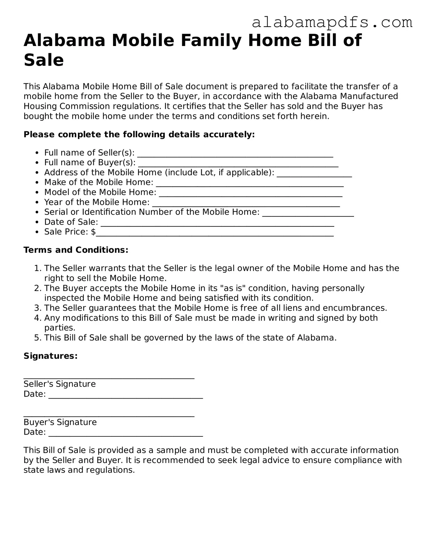 Official Alabama Mobile Home Bill of Sale Document