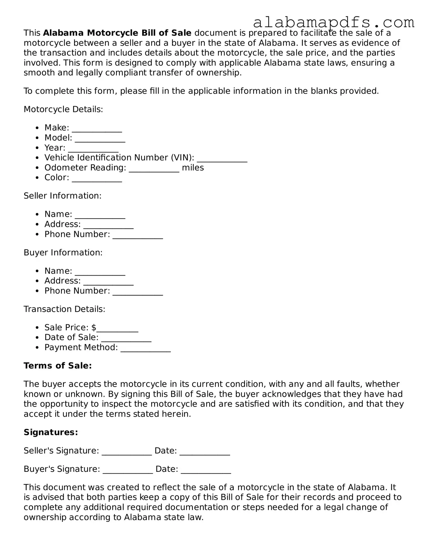 Official Alabama Motorcycle Bill of Sale Document