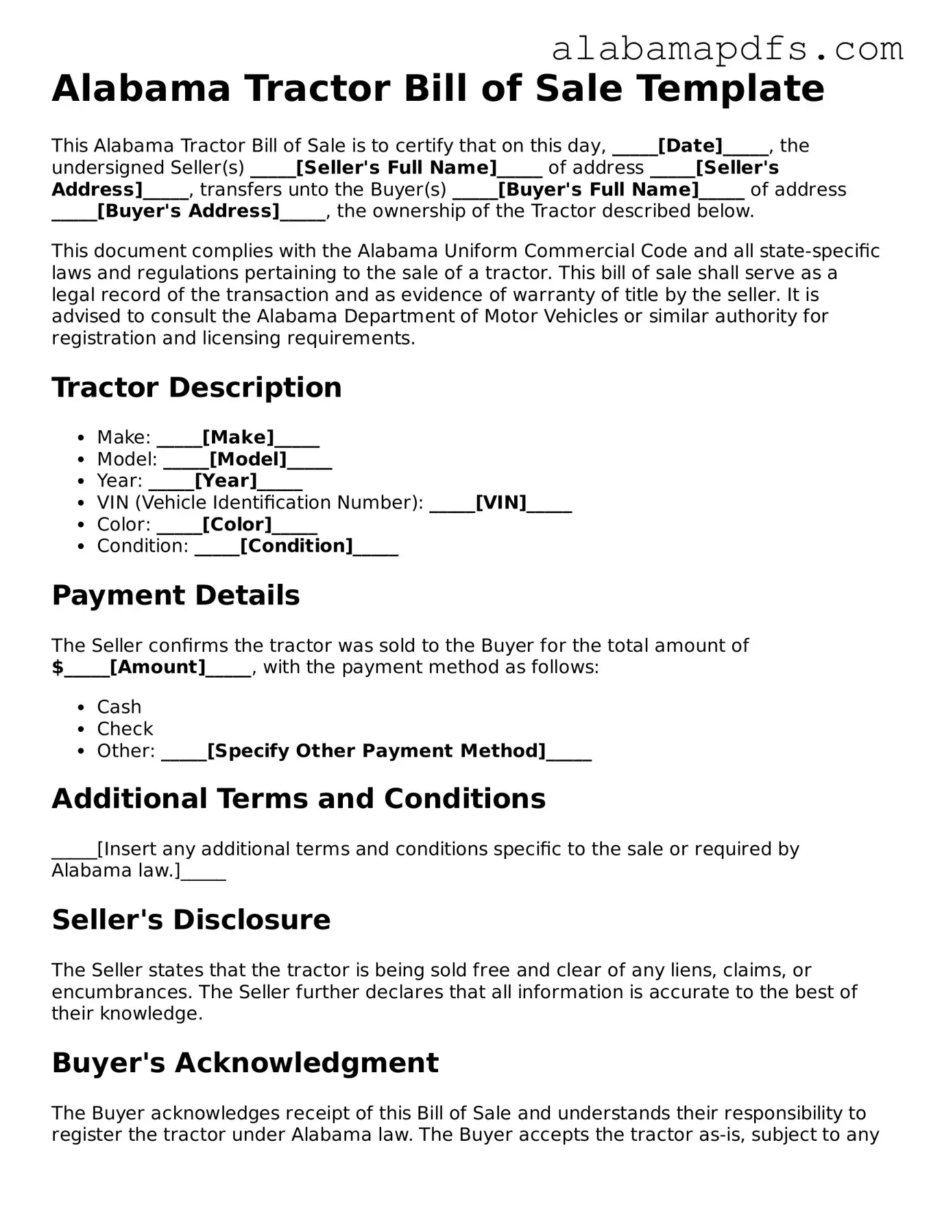 Official Alabama Tractor Bill of Sale Document