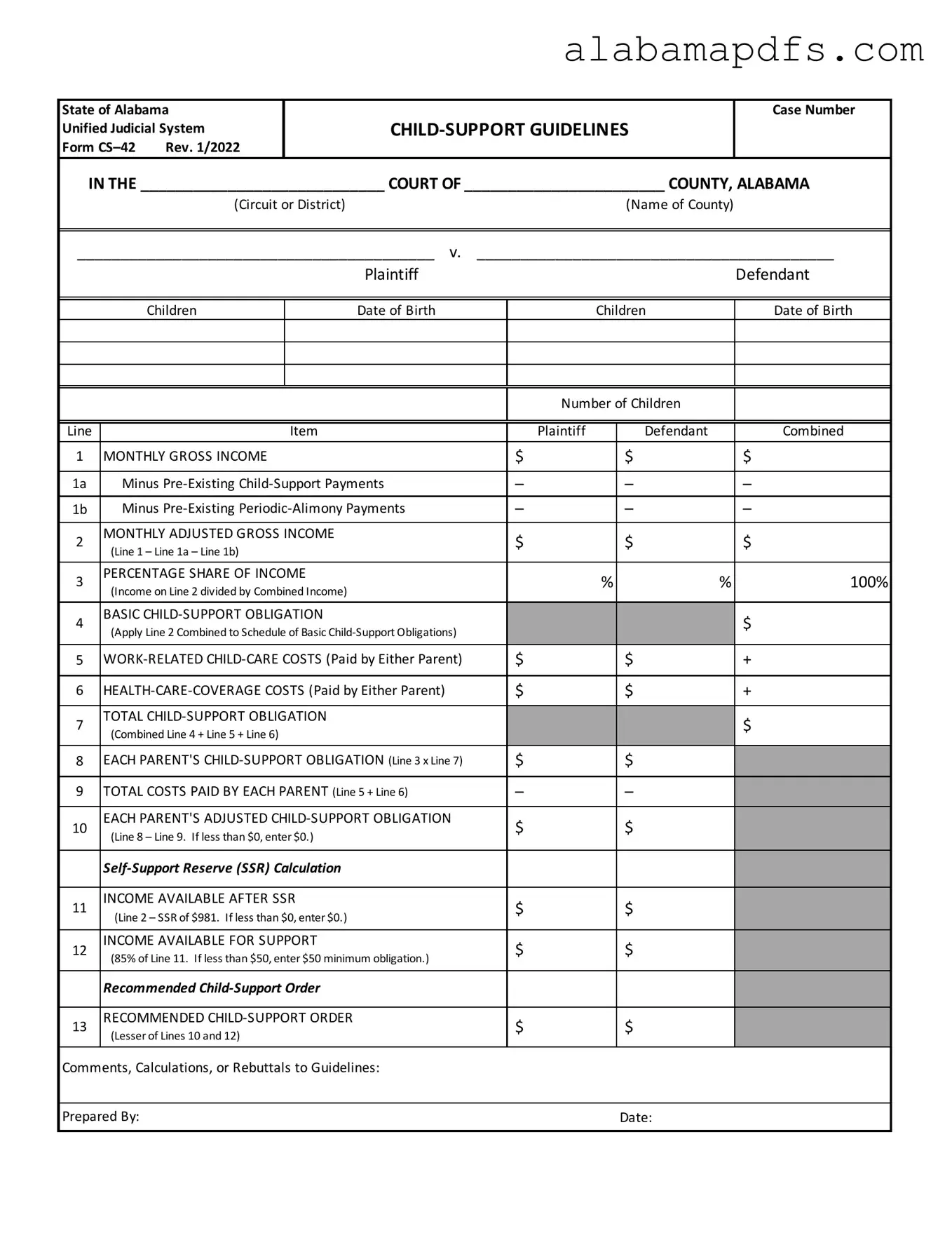 Alabama Child Support Sheet Template