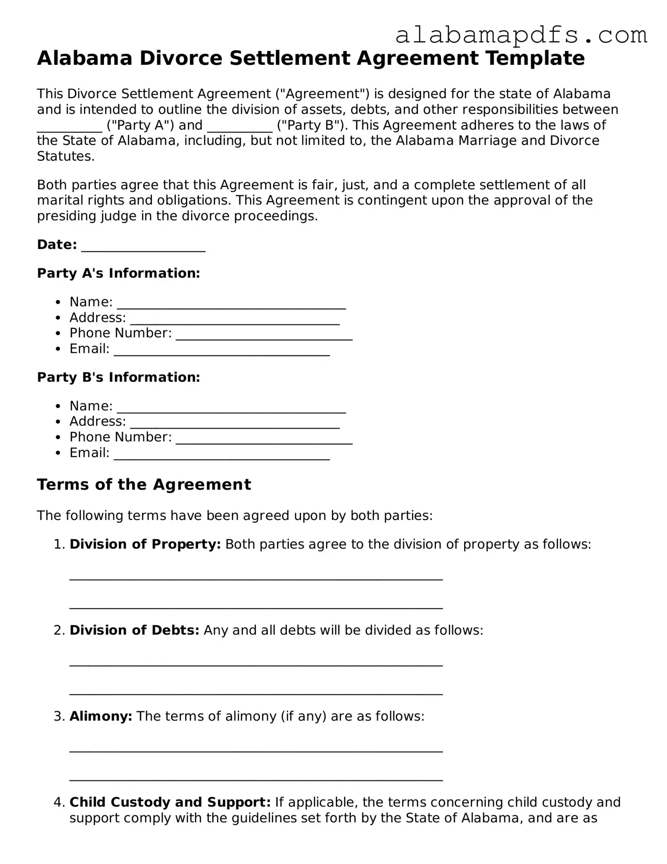 Official Alabama Divorce Settlement Agreement Document