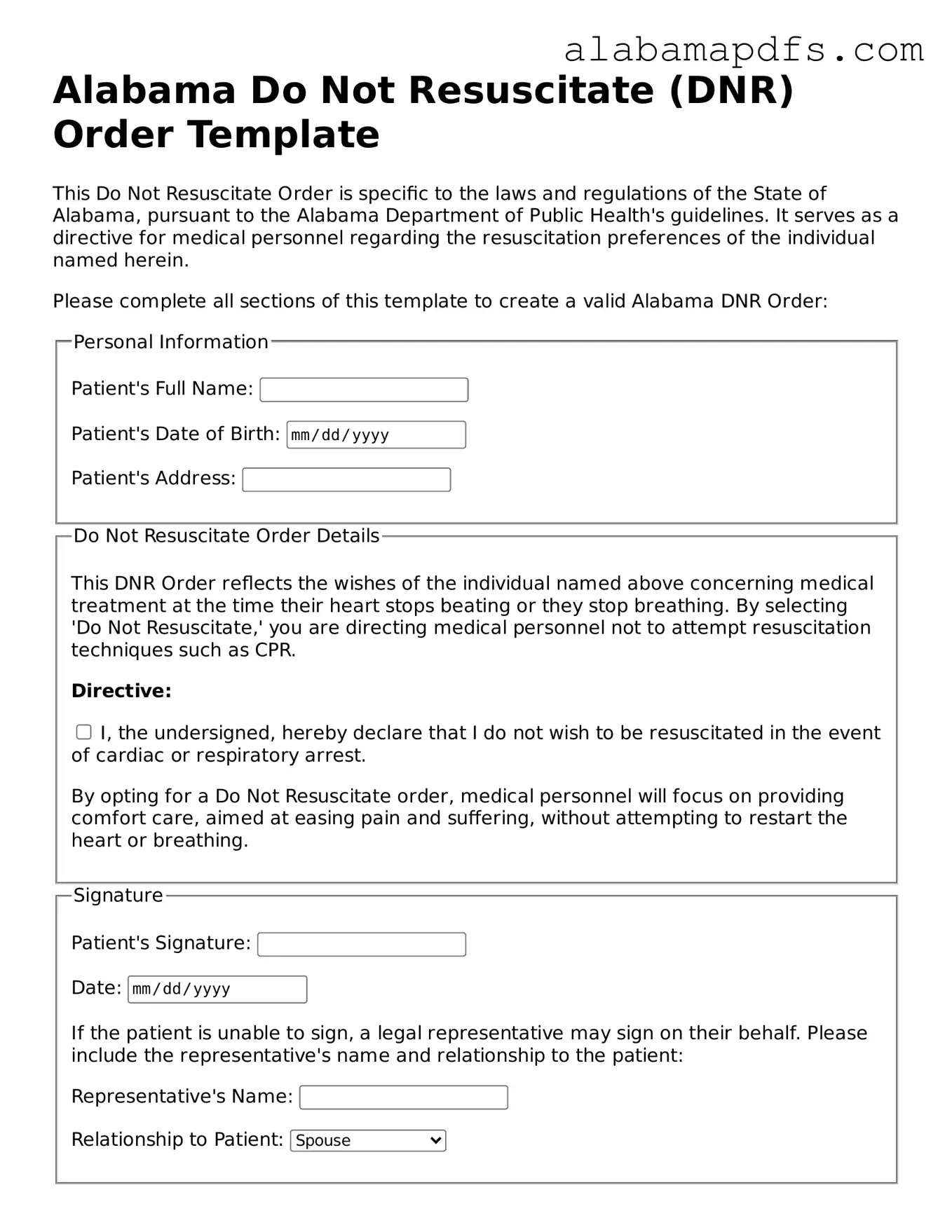 Official Alabama Do Not Resuscitate Order Document