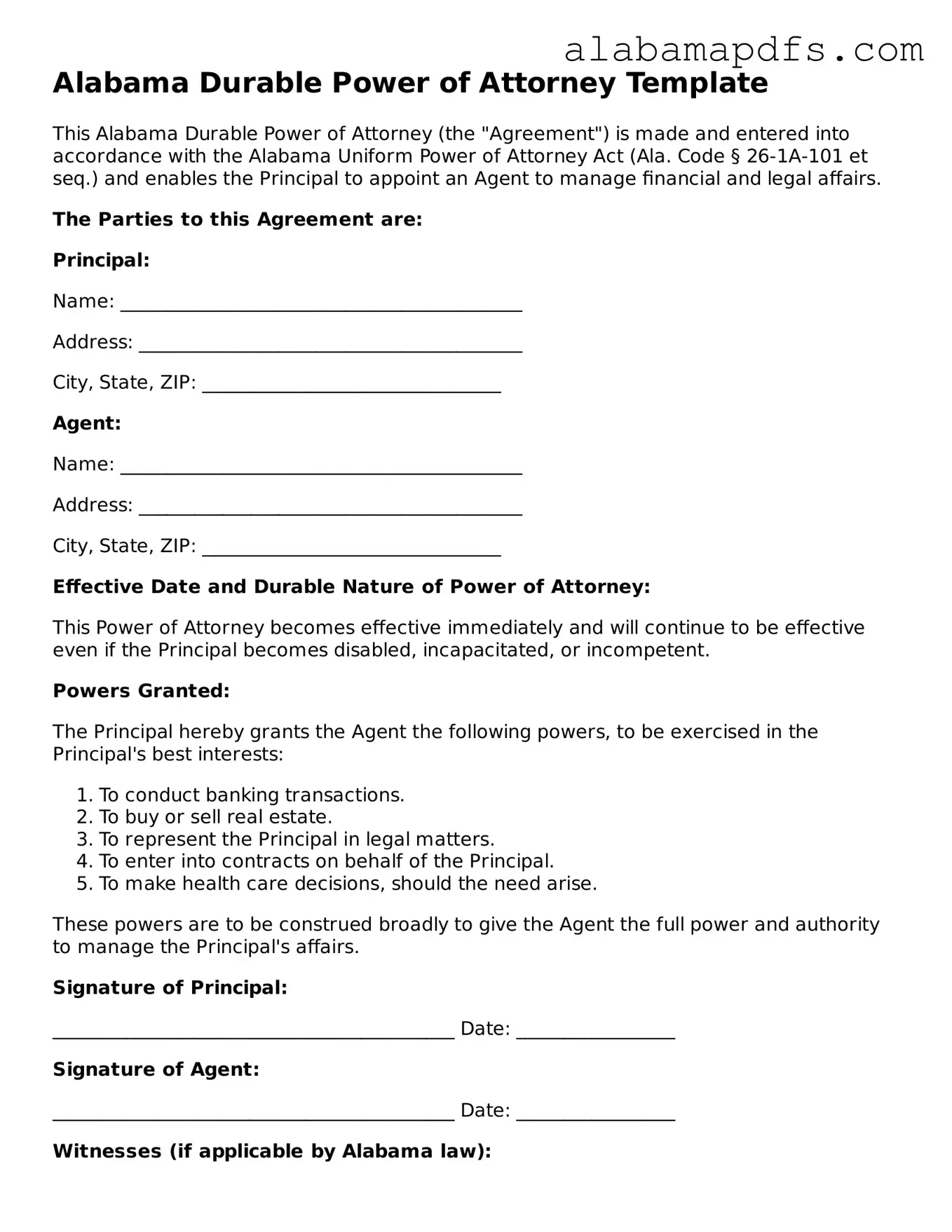 Official Alabama Durable Power of Attorney Document