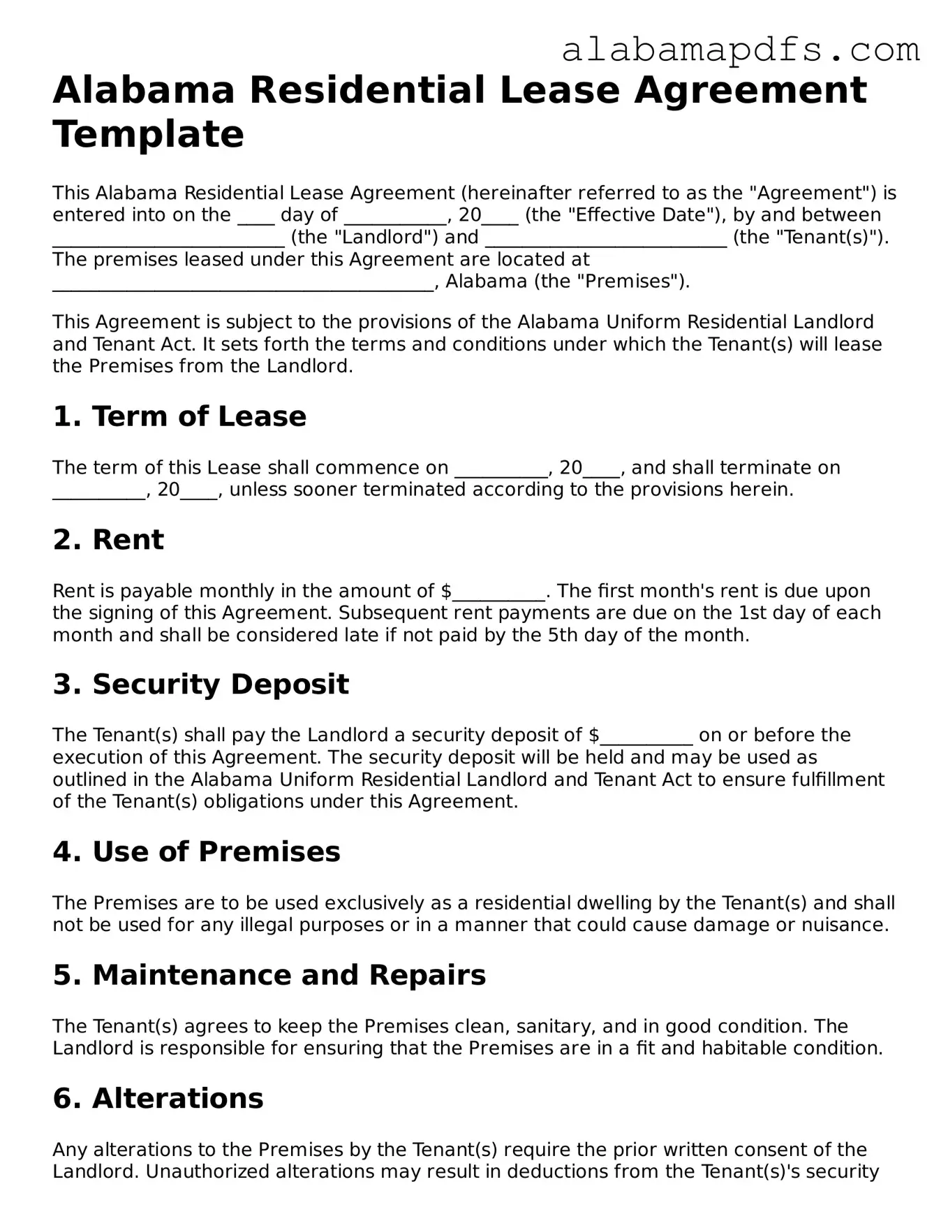 Official Alabama Residential Lease Agreement Document