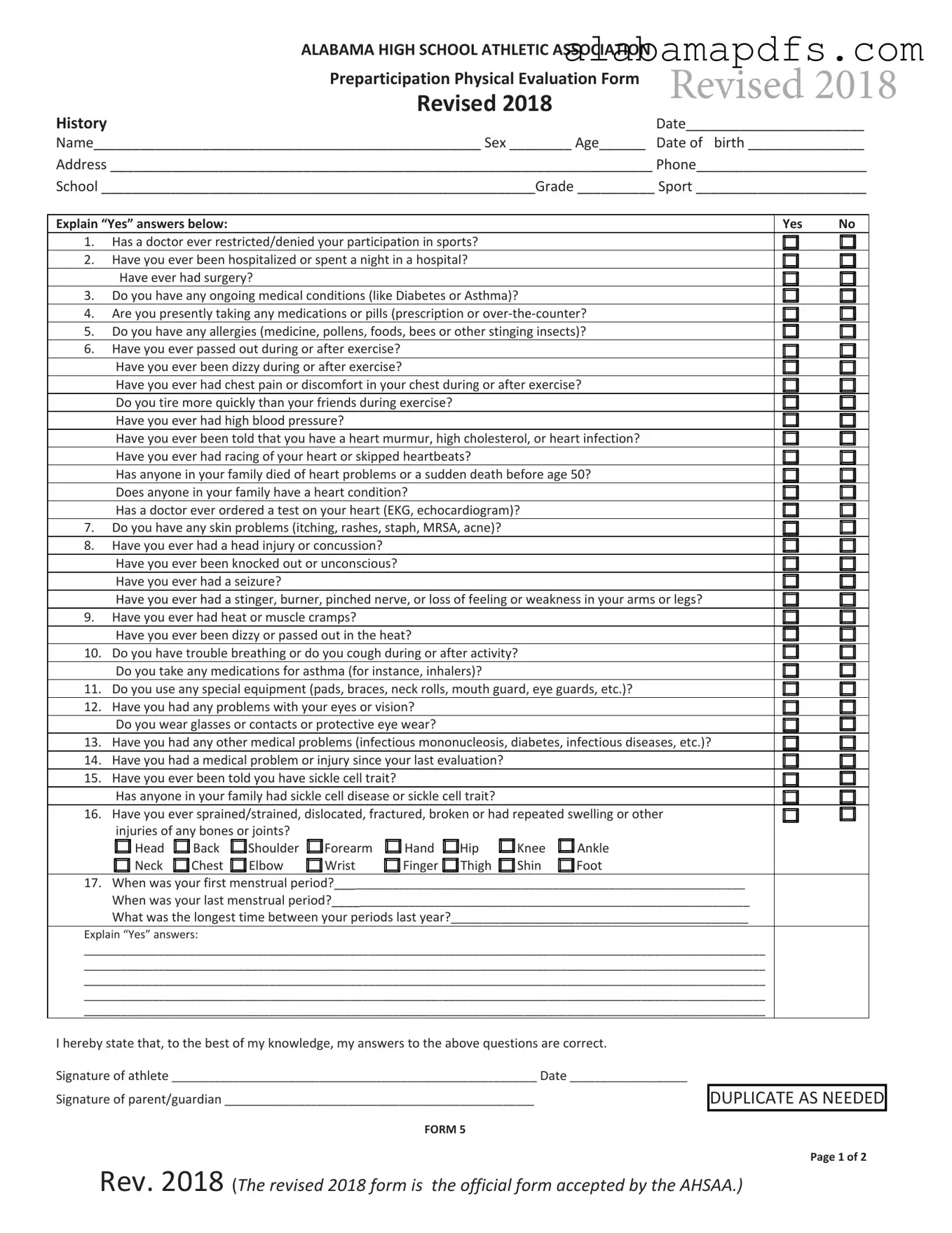 Alabama High School Physical Template