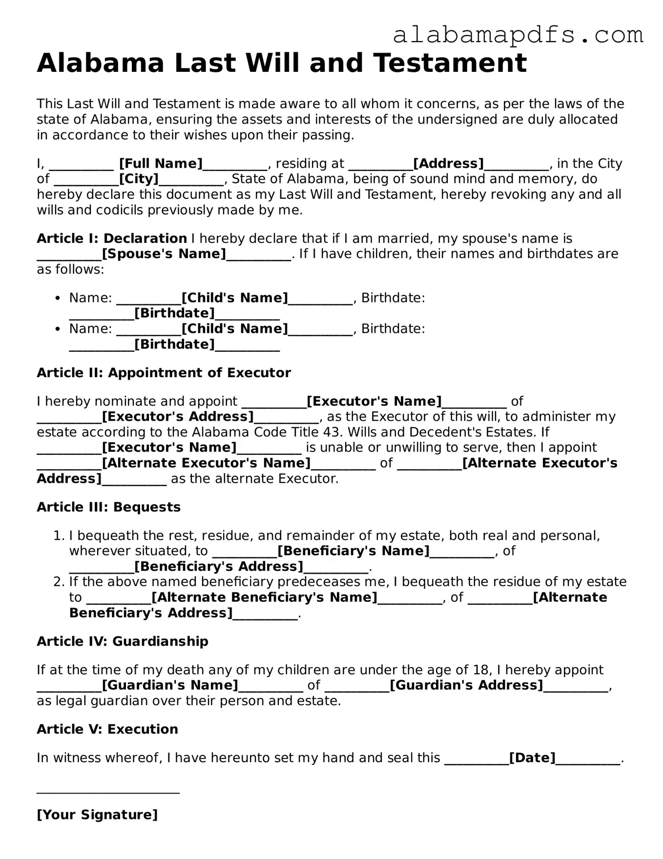 Official Alabama Last Will and Testament Document