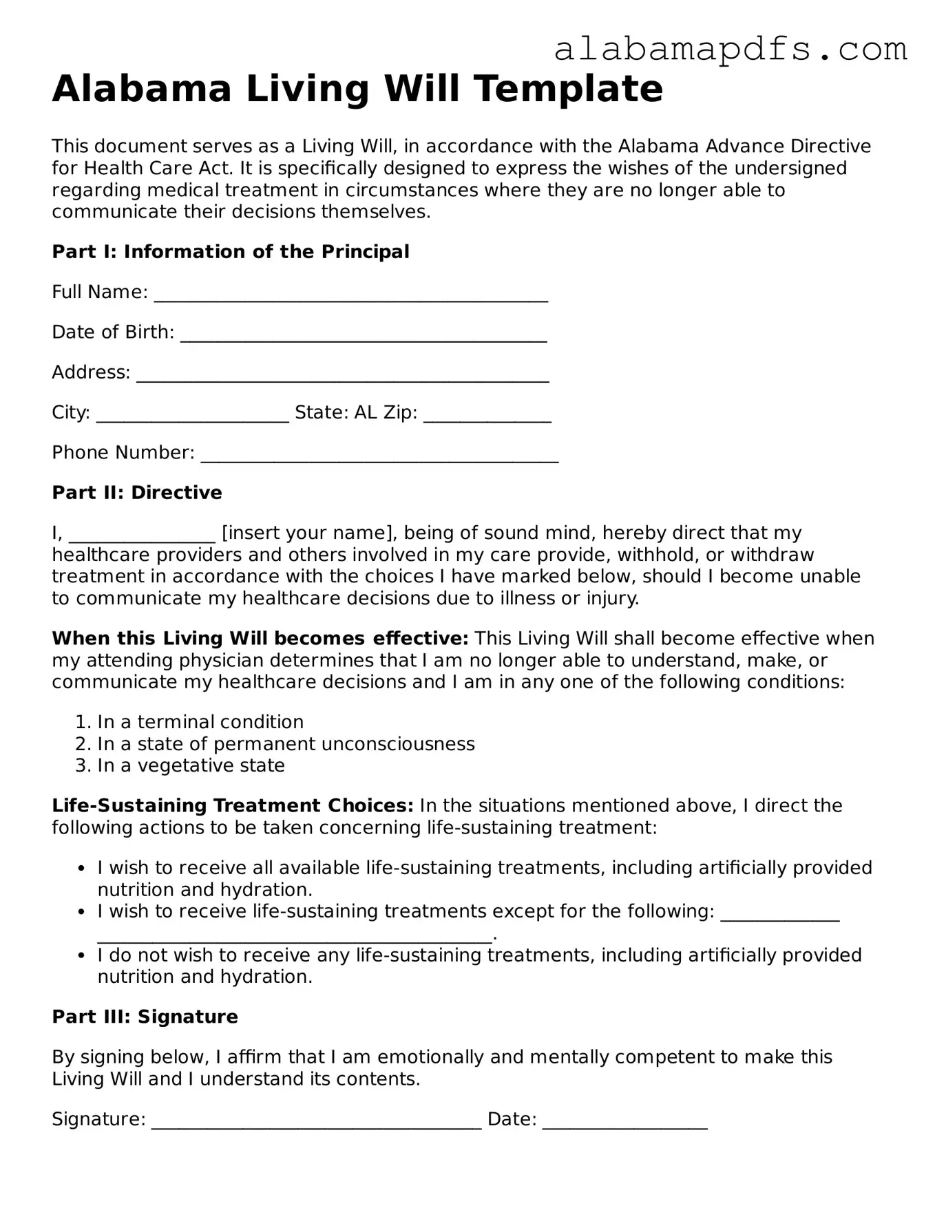 Official Alabama Living Will Document