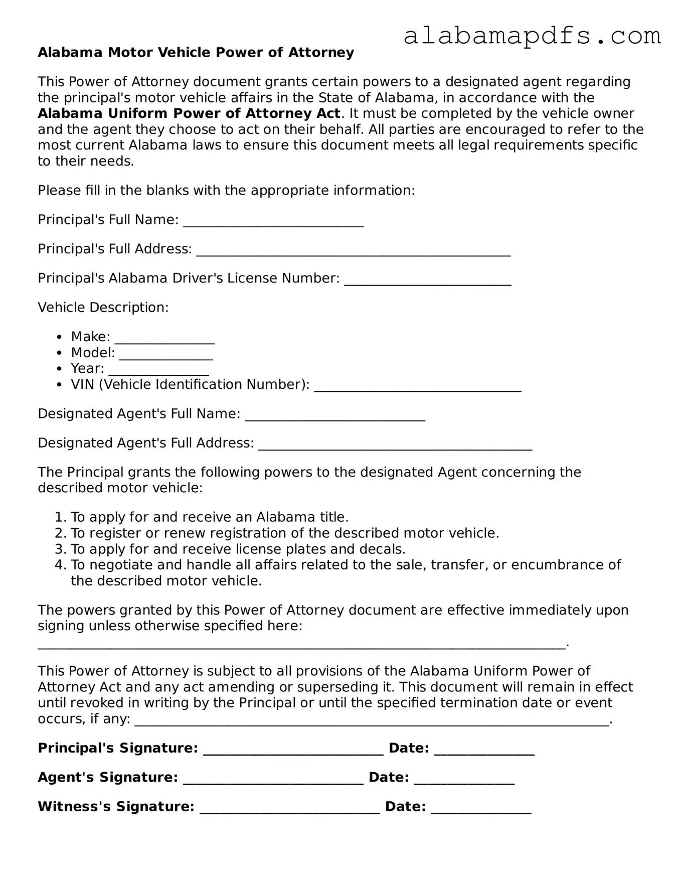 Official Alabama Motor Vehicle Power of Attorney Document