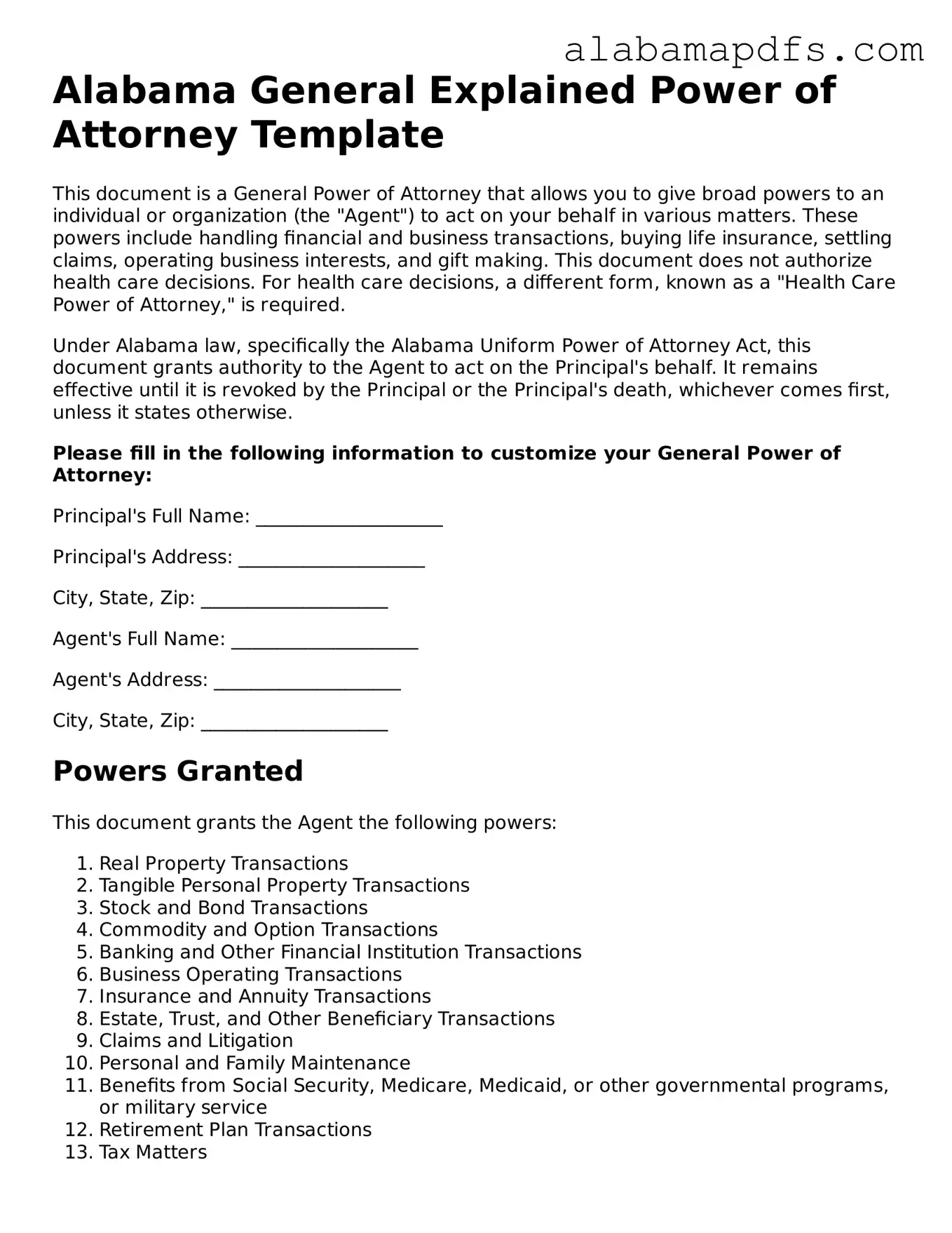 Official Alabama General Power of Attorney Document