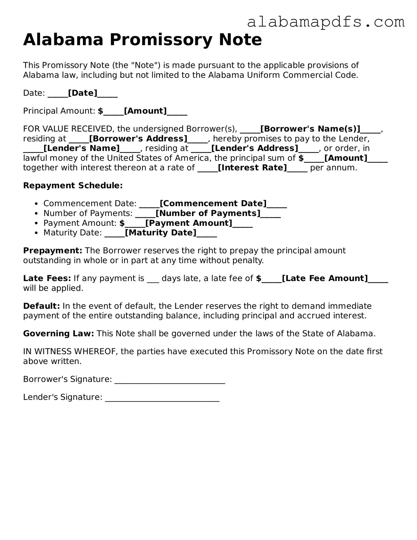 Official Alabama Promissory Note Document