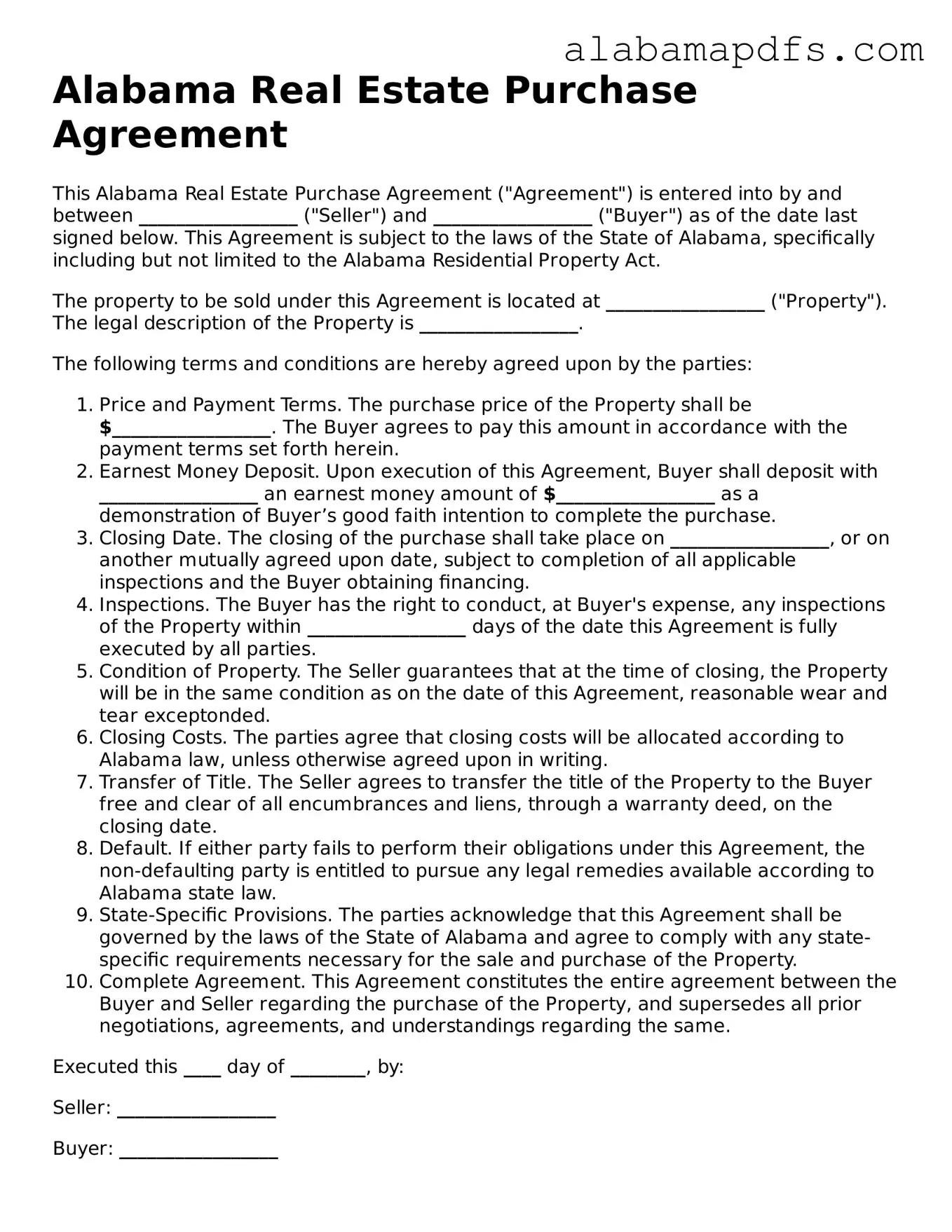 Official Alabama Real Estate Purchase Agreement Document