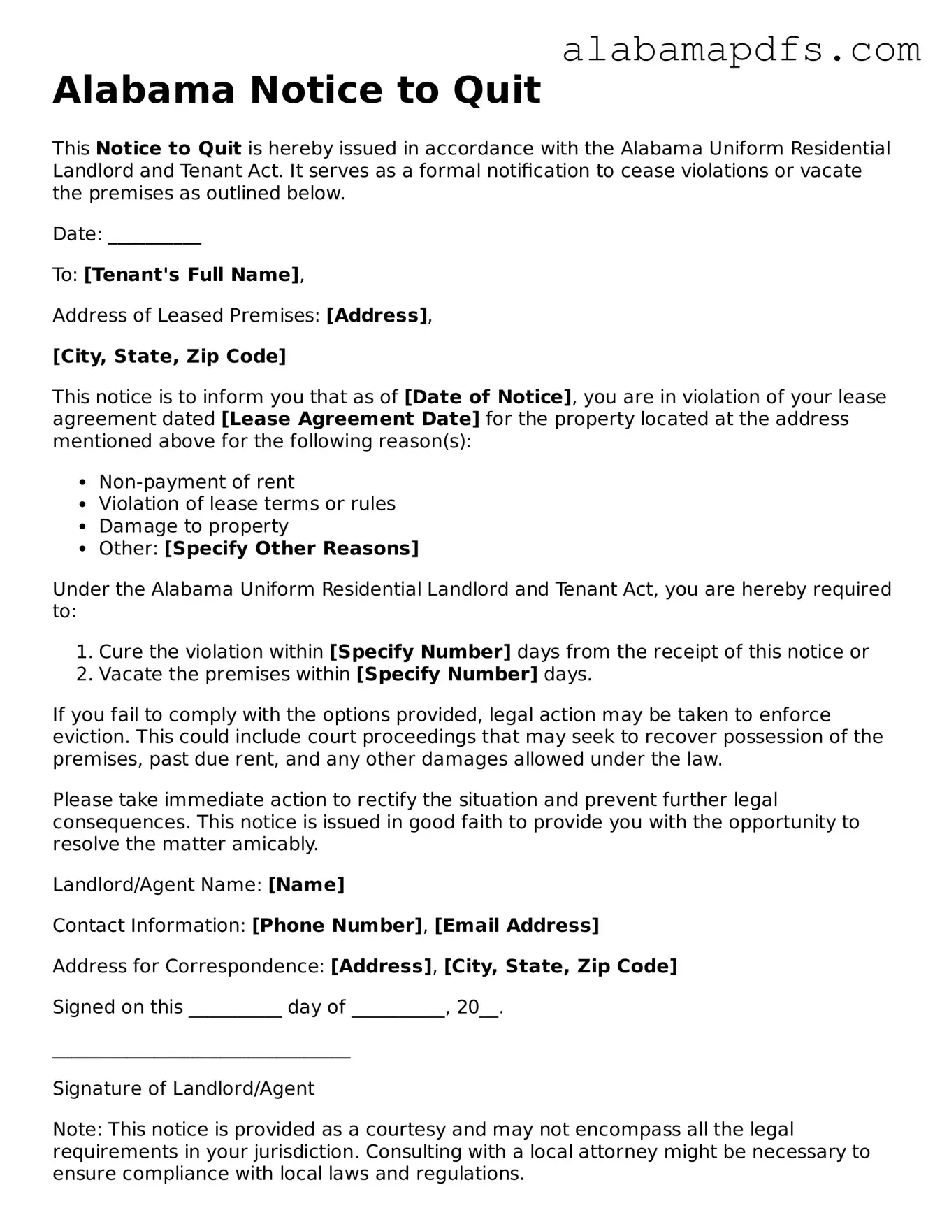 Official Alabama Notice to Quit Document