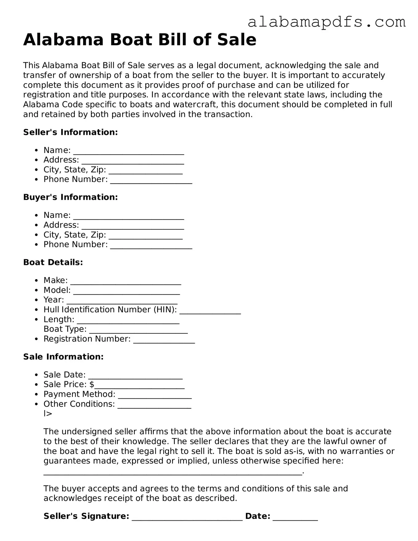 Official Alabama Boat Bill of Sale Document