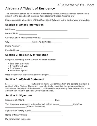 Official Alabama Affidavit of Residency Document