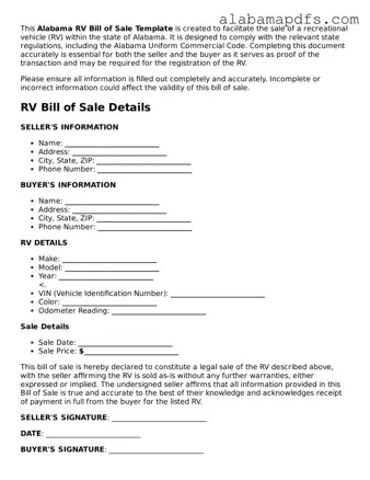 Official Alabama RV Bill of Sale Document