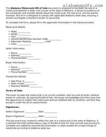 Official Alabama Motorcycle Bill of Sale Document