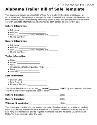 Official Alabama Trailer Bill of Sale Document