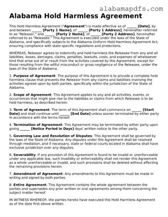 Official Alabama Hold Harmless Agreement Document