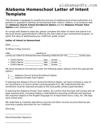 Official Alabama Homeschool Letter of Intent Document