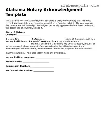 Official Alabama Notary Acknowledgement Document