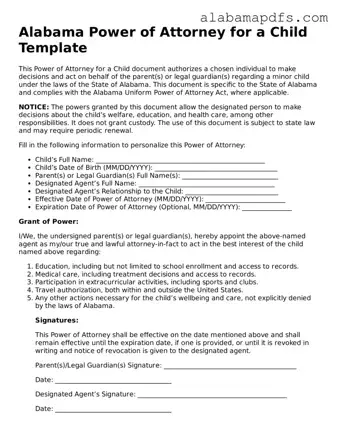 Official Alabama Power of Attorney for a Child Document