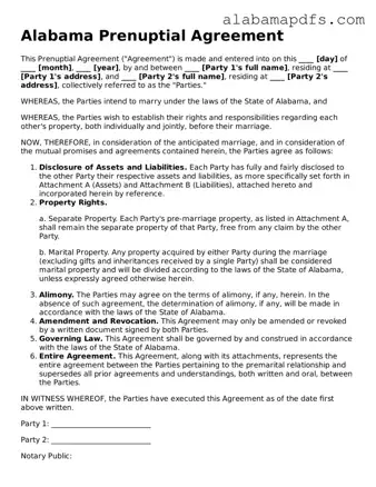 Official Alabama Prenuptial Agreement Document