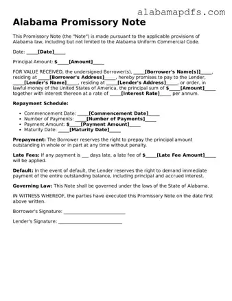 Official Alabama Promissory Note Document