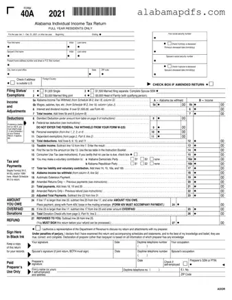 Alabama State Tax Return 40A Template