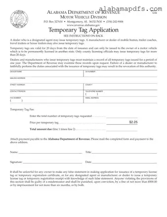 Alabama Temporary Tag Application Template